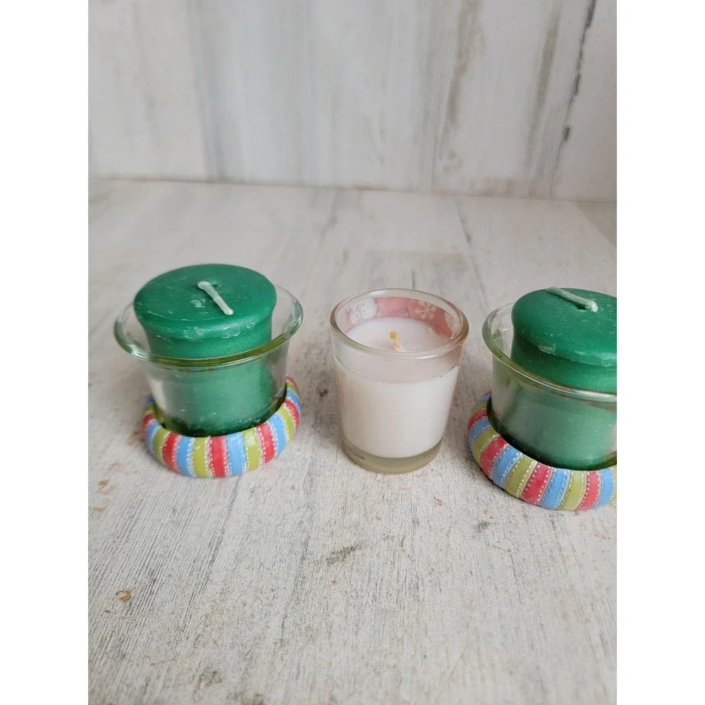 Mini candle Xmas set snowflake green holder home decor striped‎ unique